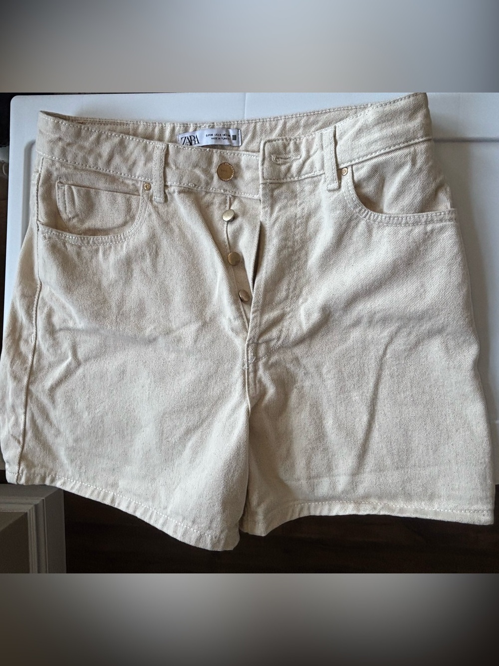 Zara Cream Button-Fly High-Rise Denim Shorts
